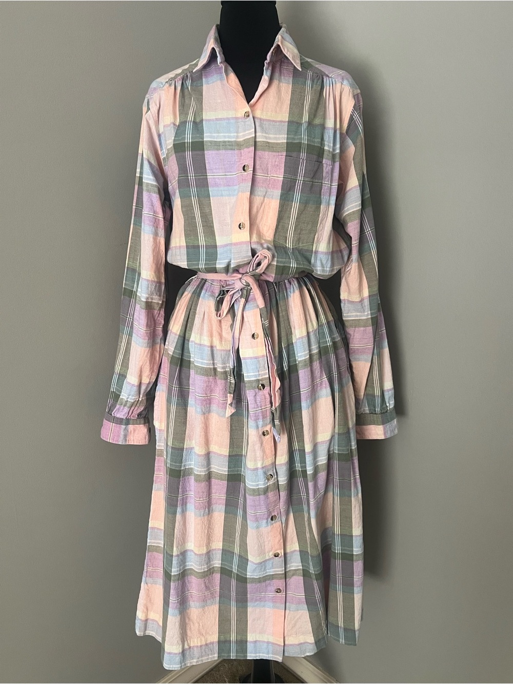 Lands' End Pastel Plaid Button-Front Long Sleeve Dress